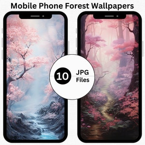 May include: Two images of a mobile phone screen displaying a pink and blue forest scene with a path leading through the trees. The text "10 JPG Files" is displayed on a white circle in the center of the image.