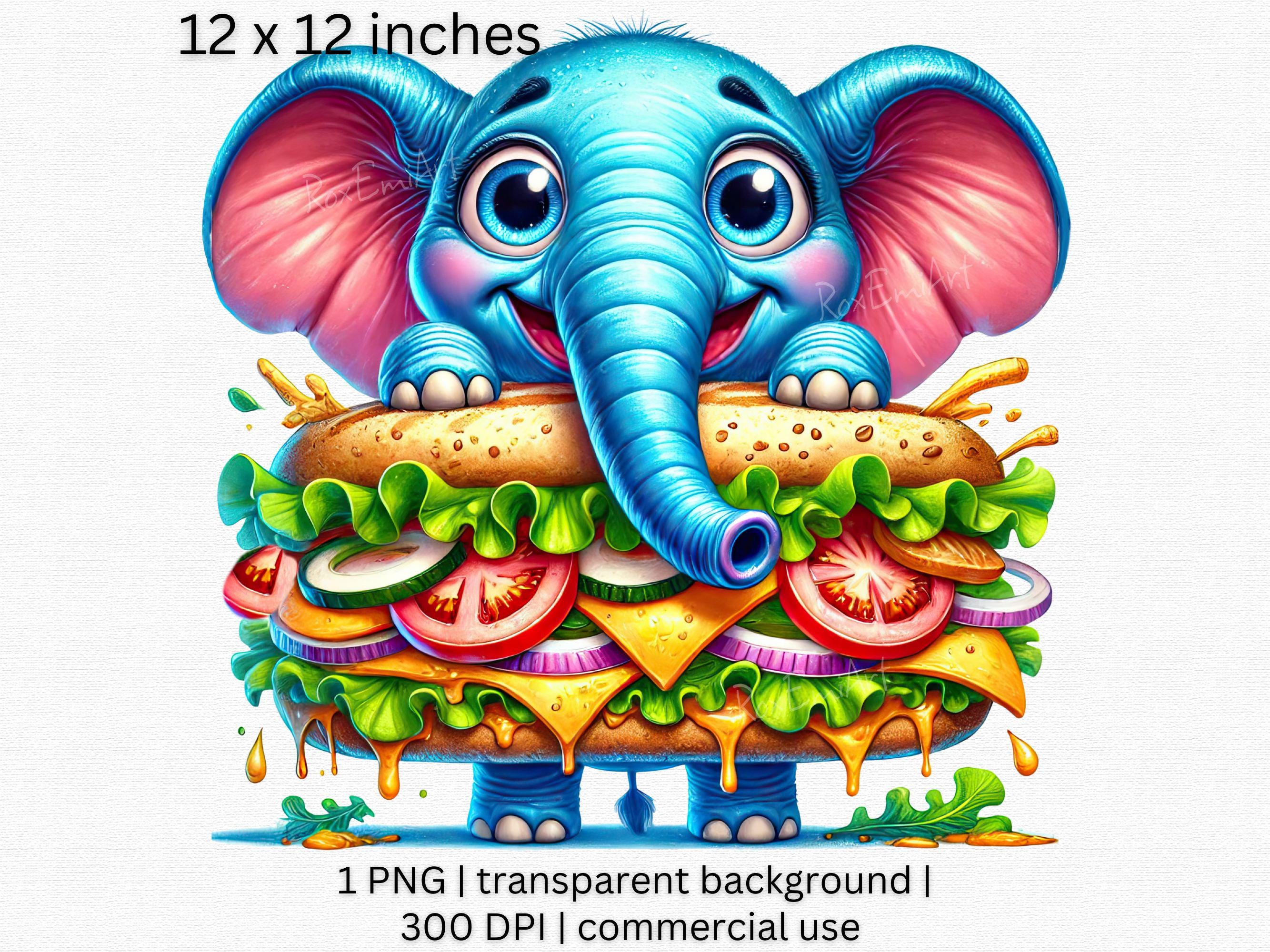 Whimsical Blue Elephant PNG, Cute Animal Clipart, Colorful Sandwich PNG, Kitchen Decor, Fun Food Nursery Art, Playful Kitchen Digital Art