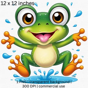 Lustige springende Frosch Clipart, niedliche Cartoon Frosch PNG, druckbare Kinderzimmer Dekor, Wasser Spritzen Frosch digitaler Download, entzückende Tier Clipart