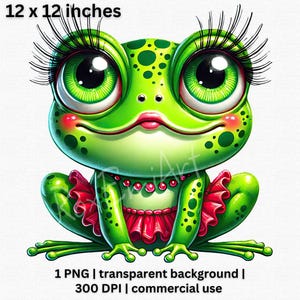 Adorable rana verde PNG, clipart de animal caprichoso, linda rana de dibujos animados con tutú rojo, decoración de guardería, arte de niña pequeña, fondo transparente