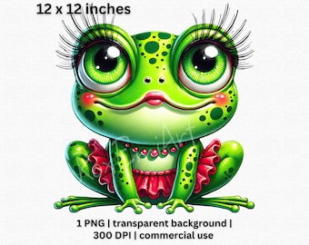 Adorable Green Frog PNG, Whimsical Animal Clipart, Cute Cartoon Frog in Red Tutu, Nursery Decor, Little Girl Art, Transparent Background