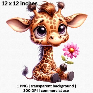 Adorable Baby Giraffe Clipart, Cute Safari Animal with Pink Flower PNG, Baby Animal Nursery Decor, Transparent Background