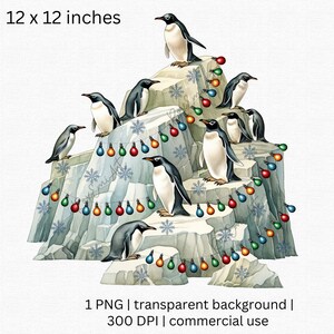 Pinguïns op een gletsjer met lichtslingers Clipart, leuke feestelijke pinguïn png, digitale download, gratis commercieel gebruik