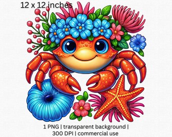 Cute Floral Crab Png, Ocean Animal Clipart, Tropical Sea Life Png, Summer Coastal Kids Printable, Beach Nursery Art, Coastal Room Decor