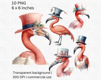 Flamingo with Hat Clipart - Tropical PNG, Flamingo Art, Free Commercial Use, Digital Download, Watercolor, Pink Flamingo