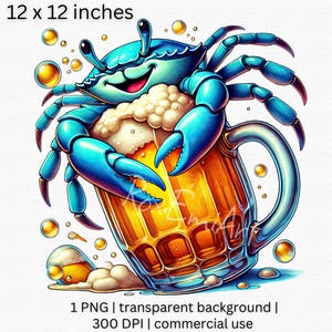 Funny Blue Crab PNG, Whimsical Crab with Beer Clipart, Quirky Coastal Bar Decor, Colorful Cartoon Sea Life Graphic, Transparent Background