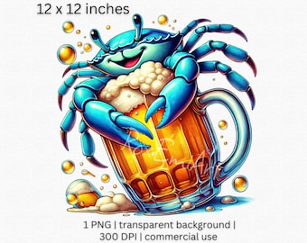 Funny Blue Crab PNG, Whimsical Crab with Beer Clipart, Quirky Coastal Bar Decor, Colorful Cartoon Sea Life Graphic, Transparent Background