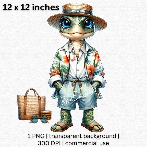 Tropical Beach Turtle Clipart, Stylish Turtle in Hawaiian Shirt, Vacation PNG, Summer Beachwear Turtle Sublimation Design, Commercial Use
