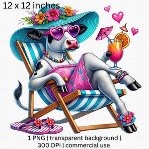 Cute Summer Cow PNG, Tropical Cow Clipart, Funny Beach Cow Graphic, Vacation Cow Clipart, Farm Animal Summer Decor, Summer Vibes PNG