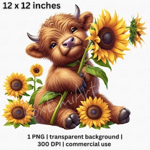 Adorable Highland Cow with Sunflowers PNG, Cute Baby Animal Clipart, Whimsical Farmhouse Illustration, Nursery Decor, Transparent Background