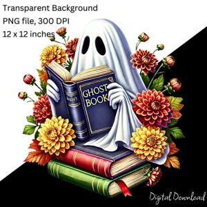 Puede incluir: Un fantasma blanco con una s&aacute;bana blanca est&aacute; leyendo un libro azul titulado "Ghost Book". El fantasma est&aacute; rodeado de flores de colores oto&ntilde;ales y est&aacute; sentado en una pila de libros.