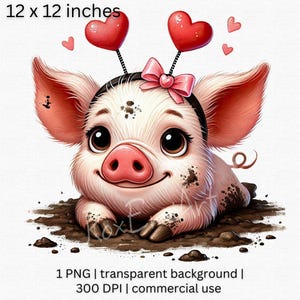 Adorable cerdito fangoso PNG, lindo cerdo clipart, descarga digital para manualidades, ilustración divertida de animales, día de San Valentín imprimible
