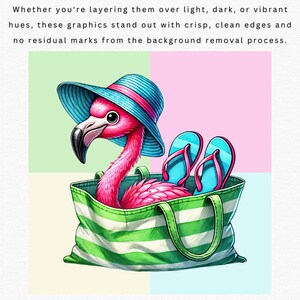 May include: A pink flamingo wearing a blue and white striped sun hat and holding a green and white striped beach bag with blue flip flops inside.