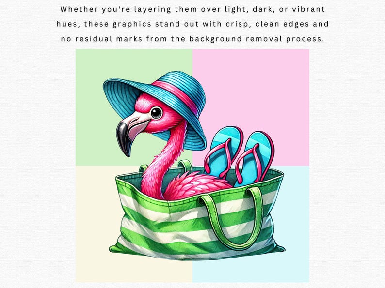 May include: A pink flamingo wearing a blue and white striped sun hat and holding a green and white striped beach bag with blue flip flops inside.