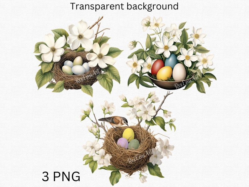 Easter Eggs White Flowers Clipart, Floral Bird Nest With Eggs PNG ...