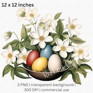 Oeufs de Pâques Fleurs blanches Clipart, Nid d’oiseau floral avec oeufs PNG, Clipart fleur de printemps, Fond transparent, Utilisation commerciale