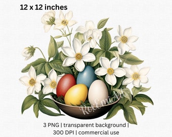 Easter Eggs White Flowers Clipart, Floral Bird Nest with Eggs PNG, Spring Blossom Clipart, Transparent Background, Commercial Use