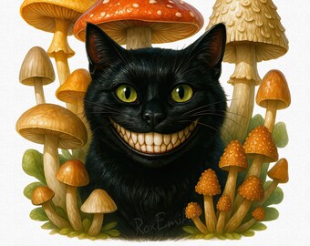 Whimsical Grinning Black Cat Clipart, Mushroom Png, Quirky Animal Clipart, Psychedelic Forest Cat Png, Fantasy Woodland Png, Surreal Art