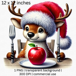 Rena fofa com chapéu de Papai Noel e clipart de maçã, aquarela de Natal PNG, clipart festivo de rena, fruta vermelha PNG, decoração engraçada de parede de cozinha
