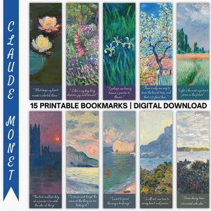 Elegant Printable Bookmarks Set of 15 with Claude Monet Paintings & Inspirational Quotes - Perfect Gift for Art Enthusiasts and Book Lovers