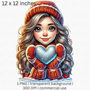Słodka dziewczyna trzymająca serce Clipart, przytulna zimowa estetyka, śnieżna ilustracja sezonu świątecznego, słodka młoda dama PNG, Boże Narodzenie PNG, płatek śniegu PNG