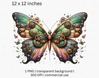 Clipart steampunk papillon, engrenages rouages art industriel pour décoration punk à vapeur en métal, journaux indésirables, conception par sublimation, licence commerciale