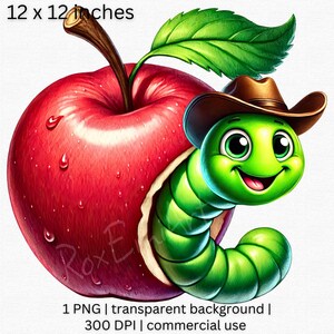 May include: A red apple with a green worm wearing a brown cowboy hat sticking out of it. The worm is smiling and has big eyes. The apple has a green leaf on top.