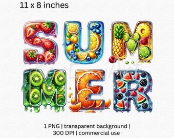 Colorful Summer Fruits Clipart, Fun Summer PNG, Vibrant Juicy Summer Sublimation Design, Digital Download,  PNG Transparent Background