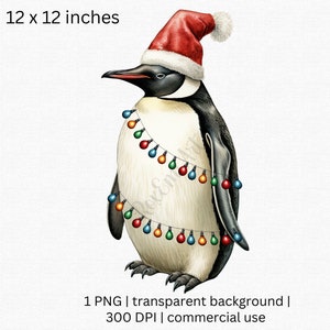 Pinguim Festivo Bonito PNG, Pinguim de Natal com Chapéu de Papai Noel e Decorações, Download Digital, Uso Comercial Gratuito