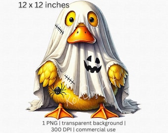 Adorable pato fantasma, clipart, lindo clipart de Halloween, clipart de animal espeluznante, PNG de temporada inquietante, fondo transparente, descarga digital