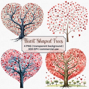 Clipart de árvore em forma de coração, árvore de amor do dia dos namorados em aquarela, 4 PNG de alta qualidade, registro no diário, fornecimento de álbum de recortes, uso comercial incluído