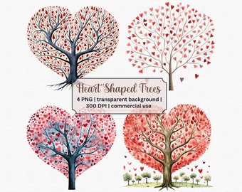 Heart Shaped Tree Clipart, Watercolor Valentine's Day Love Tree, 4 High Quality PNG, Journaling, Scrapbook Supply, Commercial Use Included