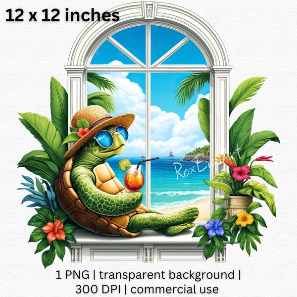 Relaxing Turtle Clipart, Tropical Beach View, Summer Vacation Turtle Graphic, Digital Window Frame Art, PNG Transparent Background