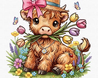 Krowa szkocka Coquette, PNG, cielę w kwiaty z wiosennymi tulipanami i różową kokardką, ilustracja w stylu Cottagecore do naklejek i sublimacji