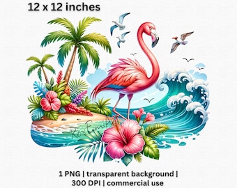 Tropical Paradise Flamingo Clipart, Beach Hibiscus Palm Trees Ocean Waves PNG, Whimsical Summer Vacation Graphic, Transparent Background