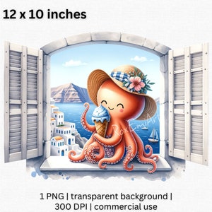 Imágenes prediseñadas de pulpo caprichoso, vacaciones de verano PNG, adorable criatura marina con ilustración de helado, decoración costera del océano, uso comercial