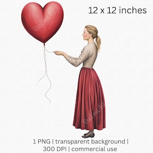 Acuarela San Valentín Día Mujer con Globo Corazón Rojo Clipart, San Valentín Retro, Uso Comercial
