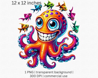 Vrolijke octopus clipart, transparante PNG, oceaan zeedieren sublimatie