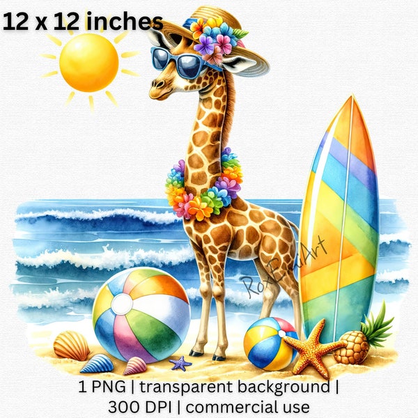 Summer Fun Giraffe Clipart, Vibrant Seaside Vacation PNG, Watercolor Illustration, Sunny Giraffe Beach Party Graphic, Commercial Use