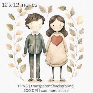 Clipart di coppia di San Valentino ad acquerello, ragazzo e ragazza migliori amici che si tengono per mano, clipart retrò per bambini di San Valentino, uso commerciale