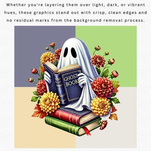 Puede incluir: Un fantasma blanco que lleva una s&aacute;bana blanca est&aacute; leyendo un libro azul con el t&iacute;tulo "GHOST BOOK" en letras doradas. El fantasma est&aacute; rodeado de flores coloridas, incluyendo dalias rojas, amarillas y naranjas.
