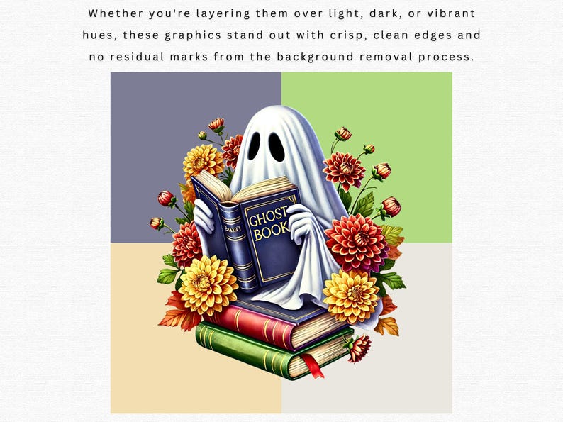 Puede incluir: Un fantasma blanco que lleva una s&aacute;bana blanca est&aacute; leyendo un libro azul con el t&iacute;tulo "GHOST BOOK" en letras doradas. El fantasma est&aacute; rodeado de flores coloridas, incluyendo dalias rojas, amarillas y naranjas.