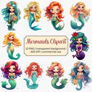 Mermaid Clipart Bundle - Dive into Fantasy: Whimsical Watercolor PNG Clipart | Free commercial use!