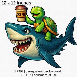 Funny Sea Turtle Clipart, Monster Shark PNG, Coffee Png, Quirky Ocean Friends Png, Cute Animal Clipart, Happy Sea Life Art, Ocean Clipart