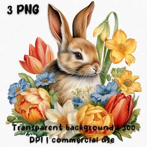 Frühlingstulpen und Häschen Clipart Bundle - Lebendige Blumenkaninchen PNGs, Garten - Digitale Illustration zum Thema, transparenter Hintergrund für Design