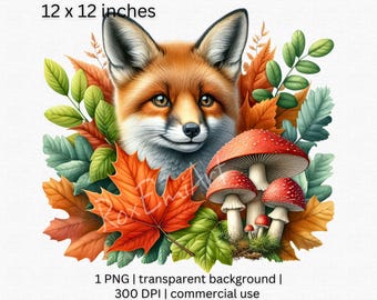 Imágenes prediseñadas de zorro otoñal, zorro del bosque otoñal con hongos PNG, imágenes prediseñadas de animales del bosque, otoño acogedor PNG, zorro de acuarela PNG, fondo transparente