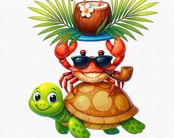 Cute Crab and Turtle Png, Tropical Beach Animal Png, Fun Cartoon Ocean Clipart, Summer Vibes Png, Island Png, Vacation Png, Sea Turtle Png