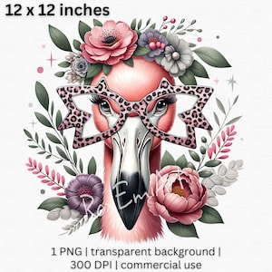 Floral Flamingo Clipart - Chic Pink Bird with Starry Eyeglasses, Elegant Home Decor, Whimsical Animal PNG, Commercial Use