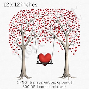 May include: Two trees with red hearts for leaves, a red heart-shaped swing hangs between them. The trees are 30.48 cm by 30.48 cm.