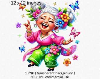Dancing Grandma Clipart, Playful Elderly Woman Clipart, Whimsical Floral Granny PNG, Happy Granny Design, Transparent Background